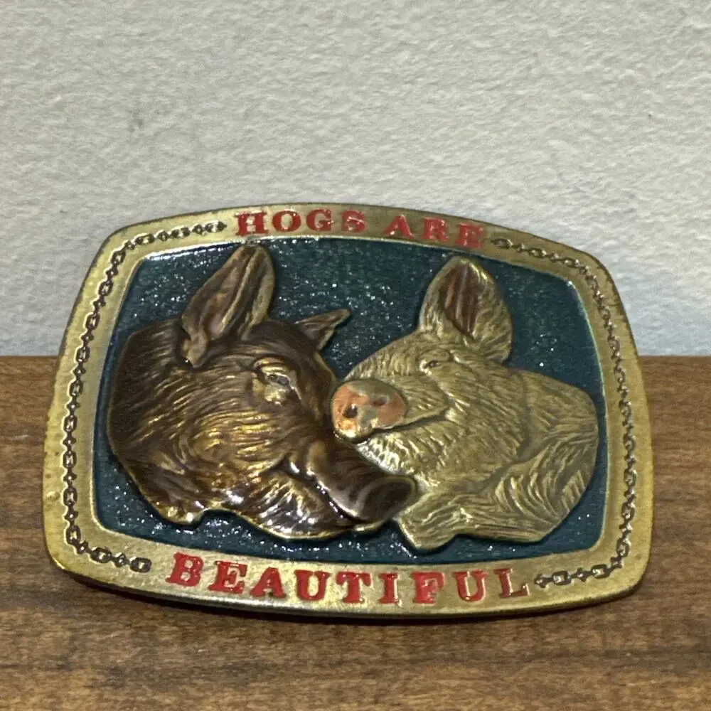 Hogs Are Beautiful Belt Buckle Farmer Colorful Heavy Vintage 1979